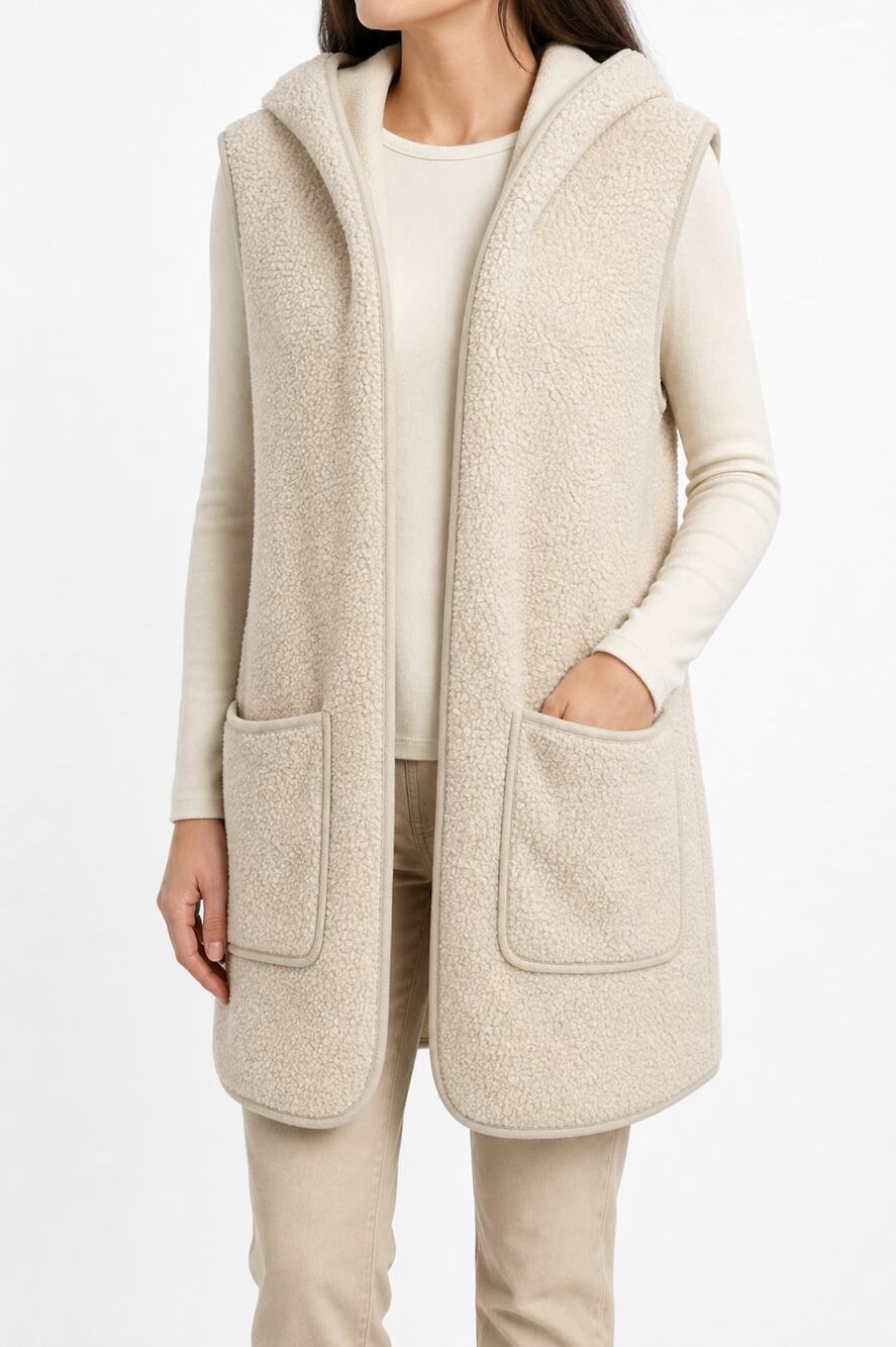 Joie Women's Cream Sherpa Hooded Longline Vest Pockets Size M Teddy Fleece Cozy
